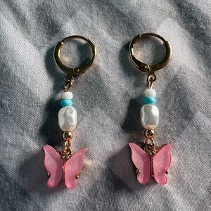 Gold Pink Pearl Butterfly Earrings